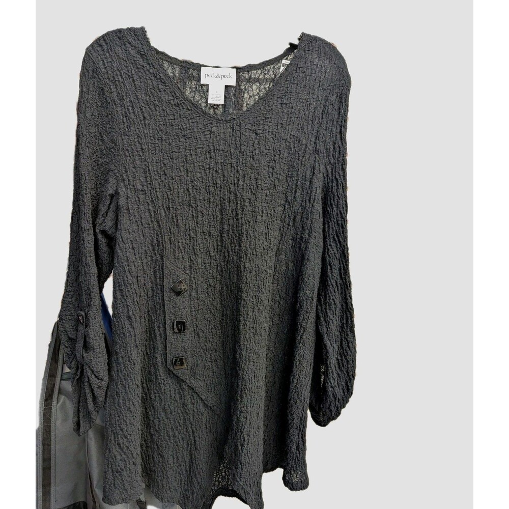 Peck & Peck Tunic Top Dress Black Sz L Lagenlook Roll Tab Sleeve Crinkle Cotton